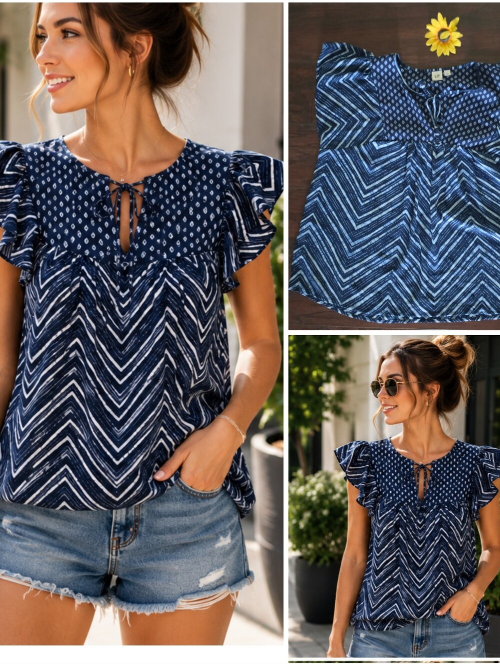 GAP Navy and White Printed Flutter Sleeve Blouse